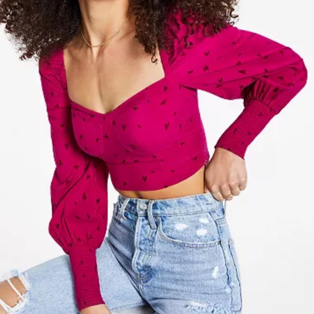 Bar III Heart-Print Bustier Blouse, Magenta, Size: X-Large